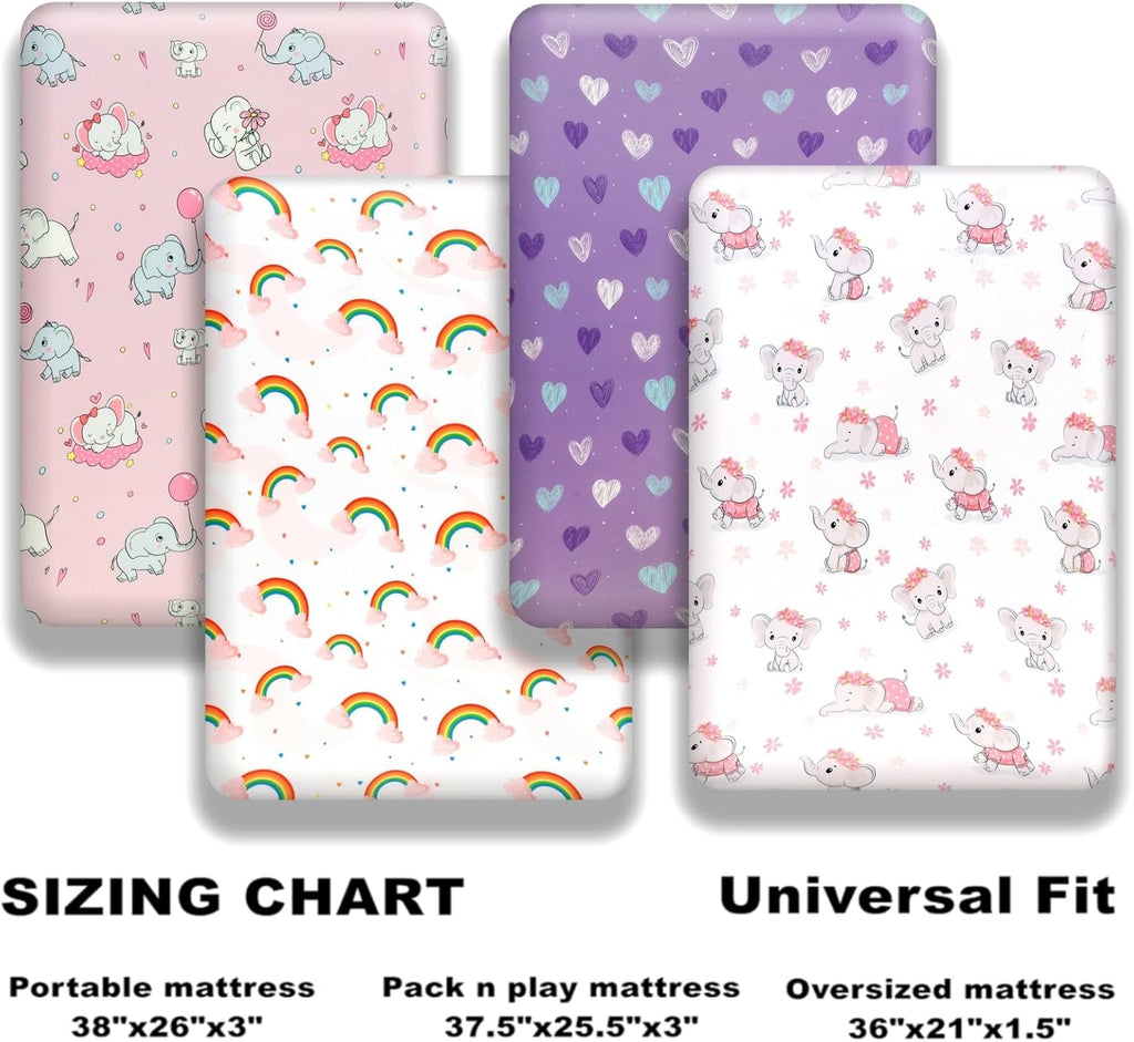 4 Pack Baby Girl Pack N Play Mini Crib Sheets Set Soft Fitted Elephant Theme Baby Girl Mattress Covers Breathable Toddler Bed Sheets for Infant or Newborn(Elephant, Pack N Play Mini Crib Sheets)