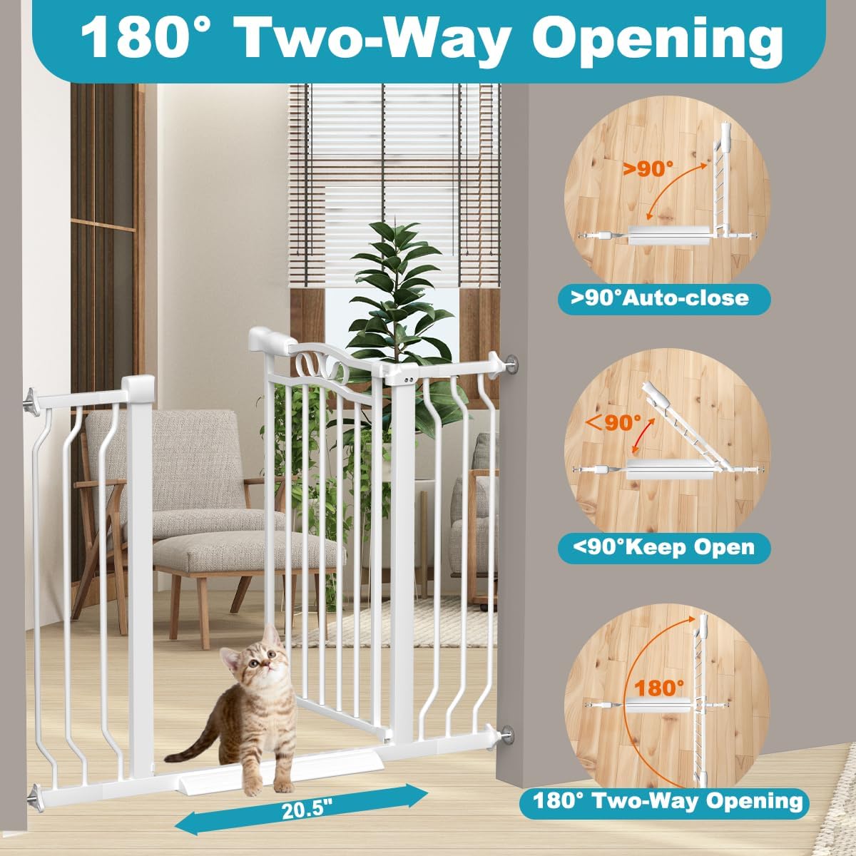 29.9-43.7 in Wide Baby Gate for Stairs Doorways, Auto Close Child Safety Gates Indoor for Dogs Pets, Pressure Mounted Metal Barrier Kids Toddler Door Walk Through, 30" Tall, White