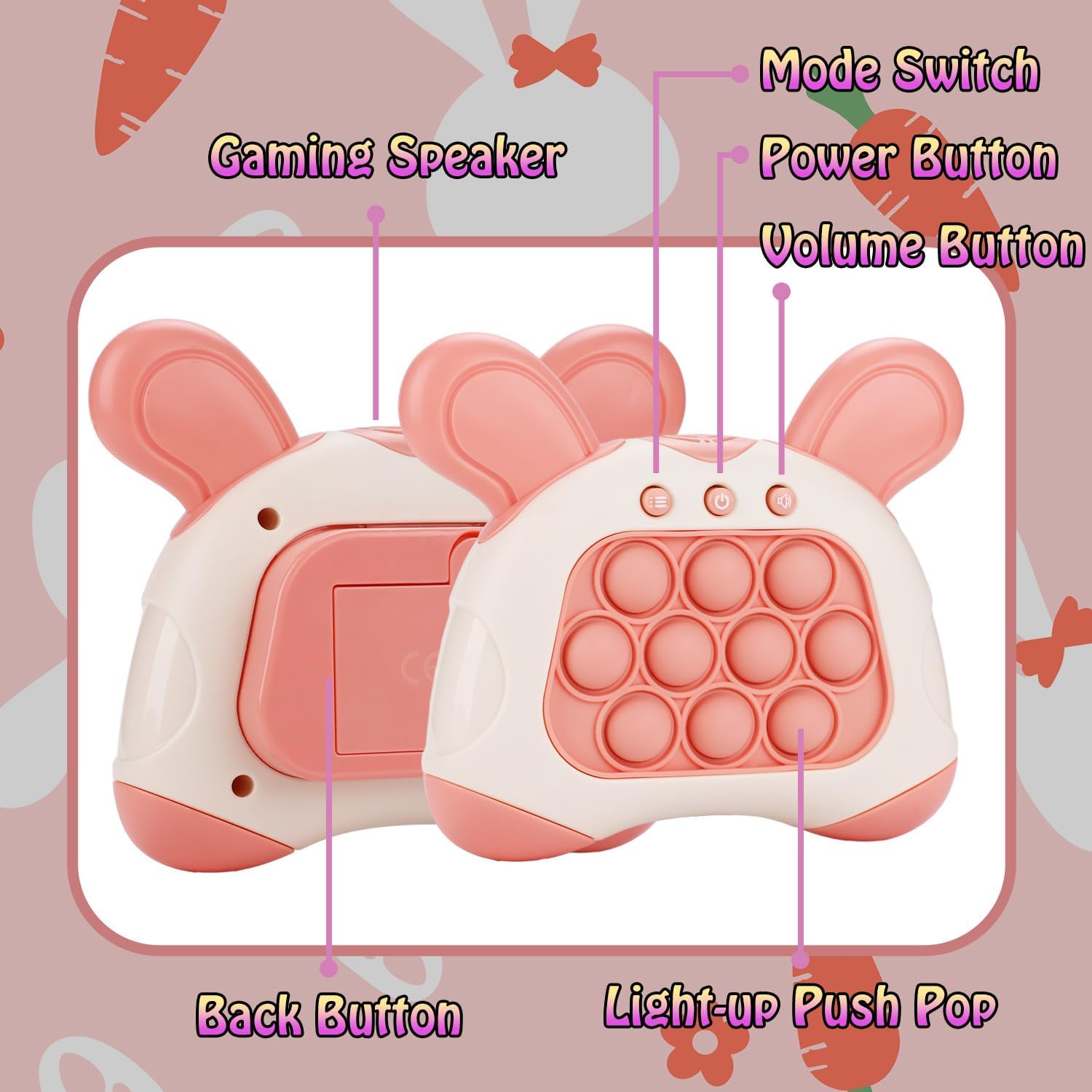 Fast Push Game, Bunny Ear Handheld Speed Push Bubble Game Console, Light up Pop Game Sensory Fidget Toys for Kids, Autism Sensory Toys,Birthday Easter Toy for Boys Girls Adults(Pink)