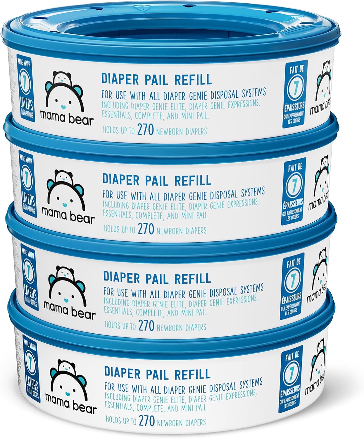 Amazon Brand - Mama Bear Diaper Pail Refills for Diaper Genie Pails, Unscented, 1080 Count (4 Packs of 270 Count)