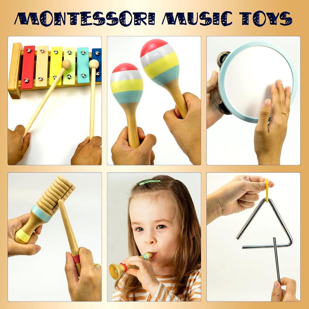 MINIARTIS Baby Musical Instruments Set - Montessori Musical Toys for Toddlers 1-3 | Modern Boho Kids Xylophone with Songbook | Neutral Colors Wooden Percussion Instruments | Preschool Educational 3+