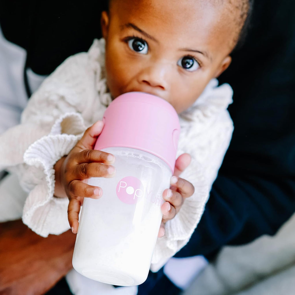 PopYum Pink Formula Making Baby Bottle Starter Set, 4-Pack, 2X 5oz Bottles with #1 Slow Flow Nipples + 2X 9oz Bottles with #2 Medium Flow Nipples, Mixing, Dispenser