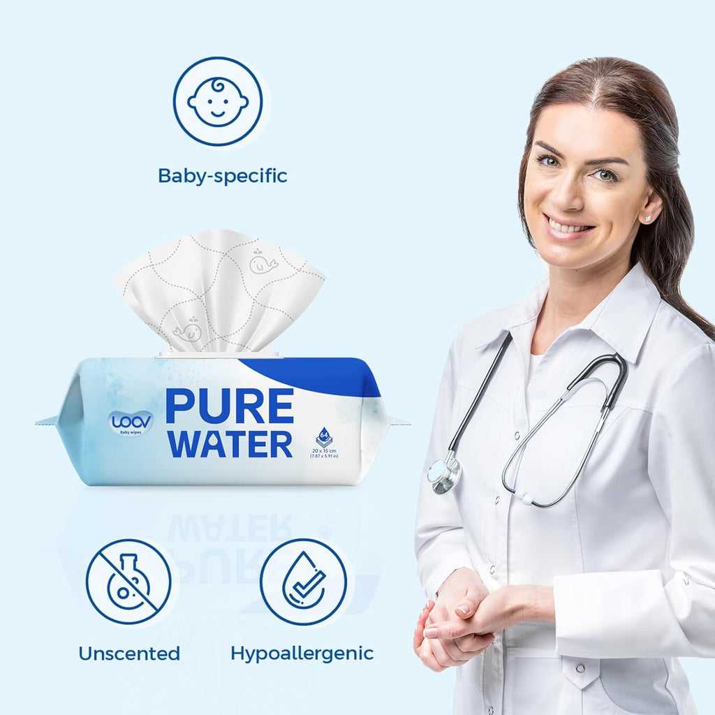 Hypoallergenic Baby Wipes, Pure Water Natural Wipes for Sensitive Skin, Unscented Baby Wipes for Face Hands & Bottom, 768 Count (12 Packs of 64)