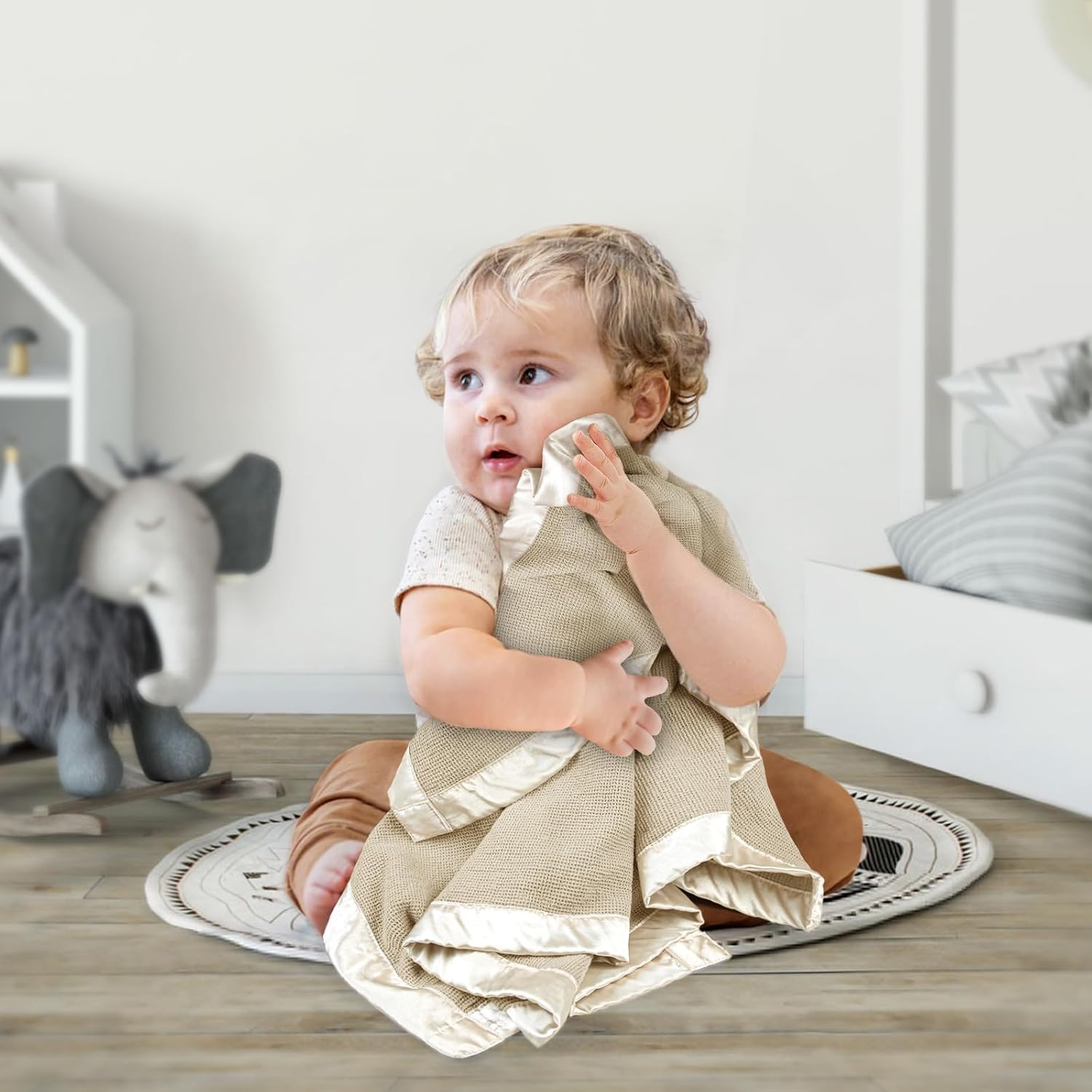 lulumoon Swaddle Baby Blanket: Waffle Blanket with Satin Trim - Soft Breathable Toddler Blankets Perfect for Nursing Cover and Playtime - Cotton Crib Quilt for Daytime Naps 40"x36"(Oat)