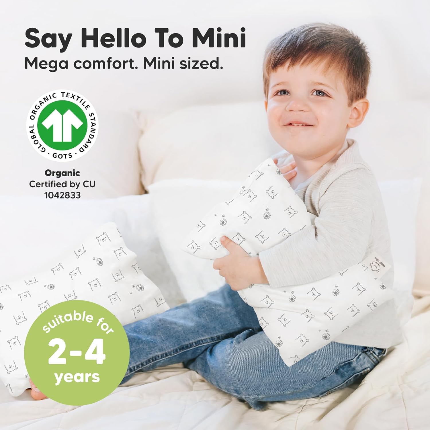 Mini Toddler Pillow with Pillowcase - 9x13 My Little Dreamy Travel Kids Pillow for Sleeping, Toddler Bed, Small, Tiny, Organic Cotton Pillowcase, Soft & Breathable, Kids 2-4 Years Old(Bumble Bear)