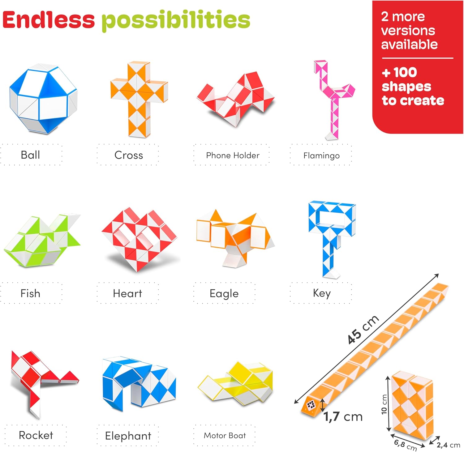 CUBIDI® Magic Snake Cube | Fidget Snake Toy for Kids | Travel Toys for Kids Ages 4-8 | Great Gift for Boys and Girls Birthday, Christmas, Stocking Stuffers - 24 Blocks | 0.9 x 0.7 inch | Orange