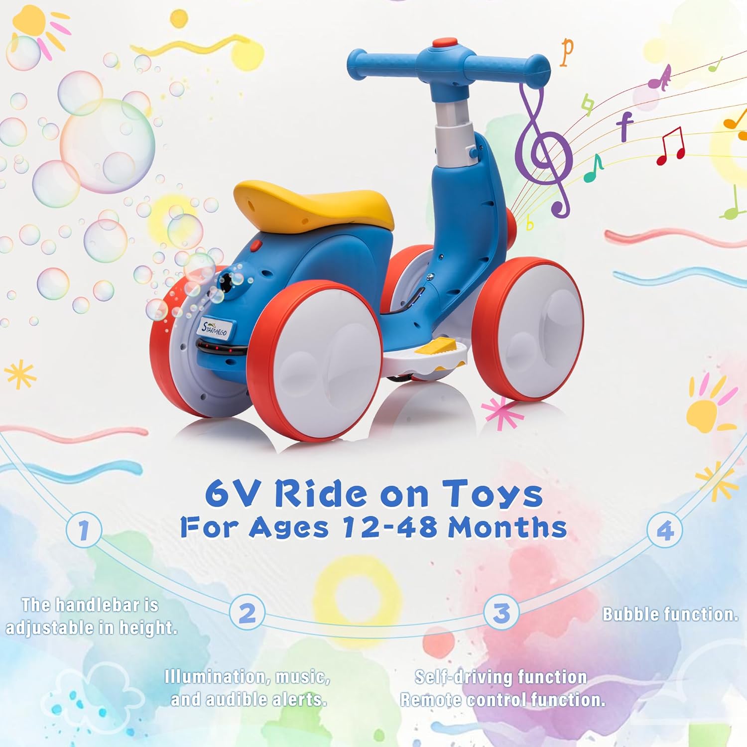 6V Electric Baby Balance Bike for 1 Year Old Boys Girls Ride on Toys 12-48 Months Toddler Balance Bike, 4 Wheels Kids First Bike with Remote Control First Birthday Gifts- Blue&Red
