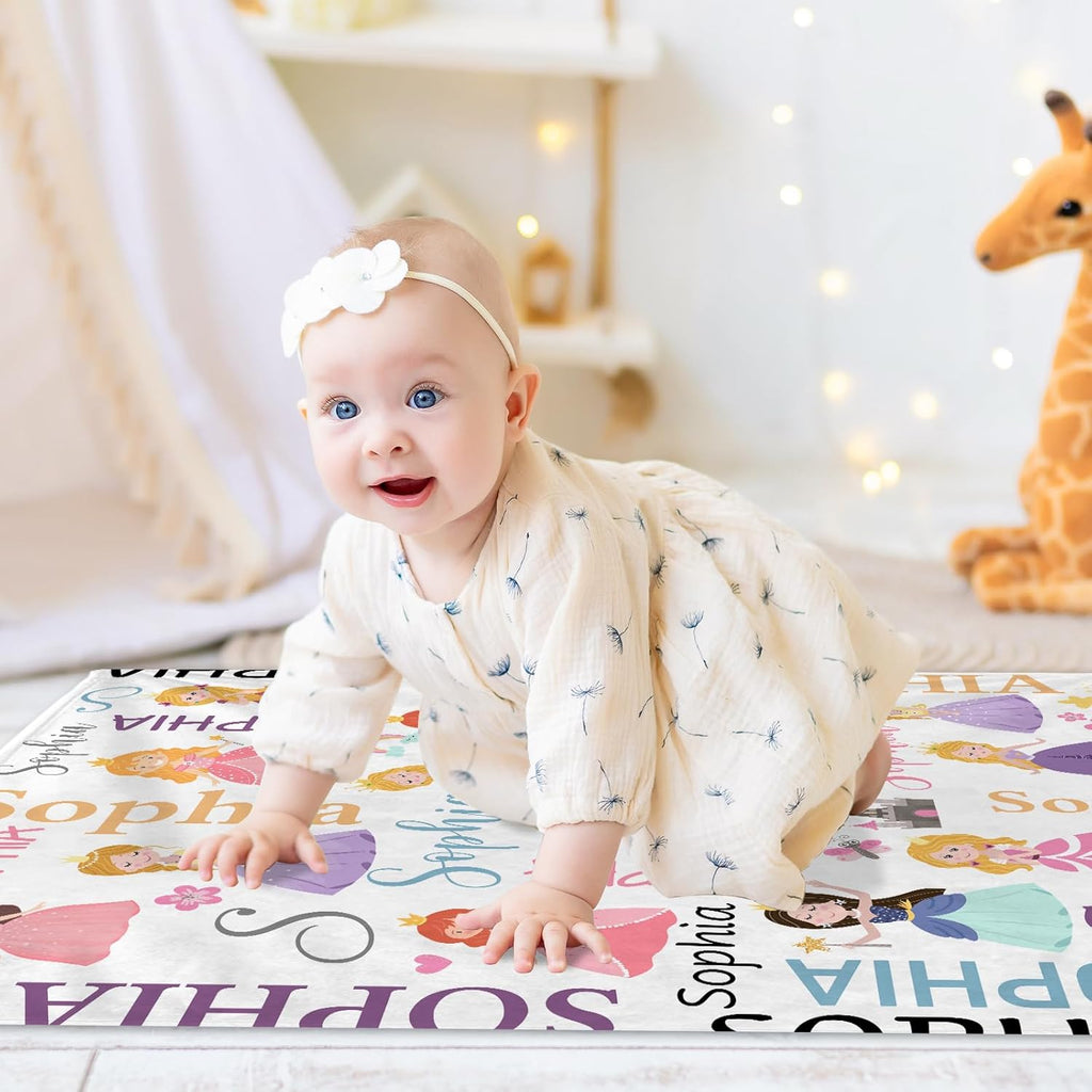 Personalized Baby Blanket with Name, Custom Pincess Name Blanket Toddler Girls Soft Flannne Swaddling Blankets Customized Monogram Memorial Gift from Nana for Infant Newborn Shower