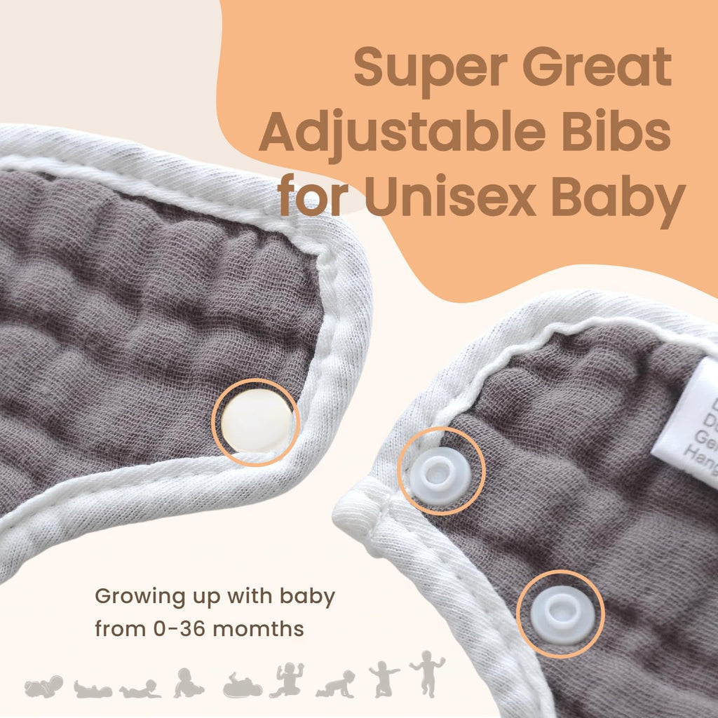 MUKIN Baby Drooling Towel, Snap Bibs, Muslin Bibs, 6 Pack, Adjustable, Soft Cotton
