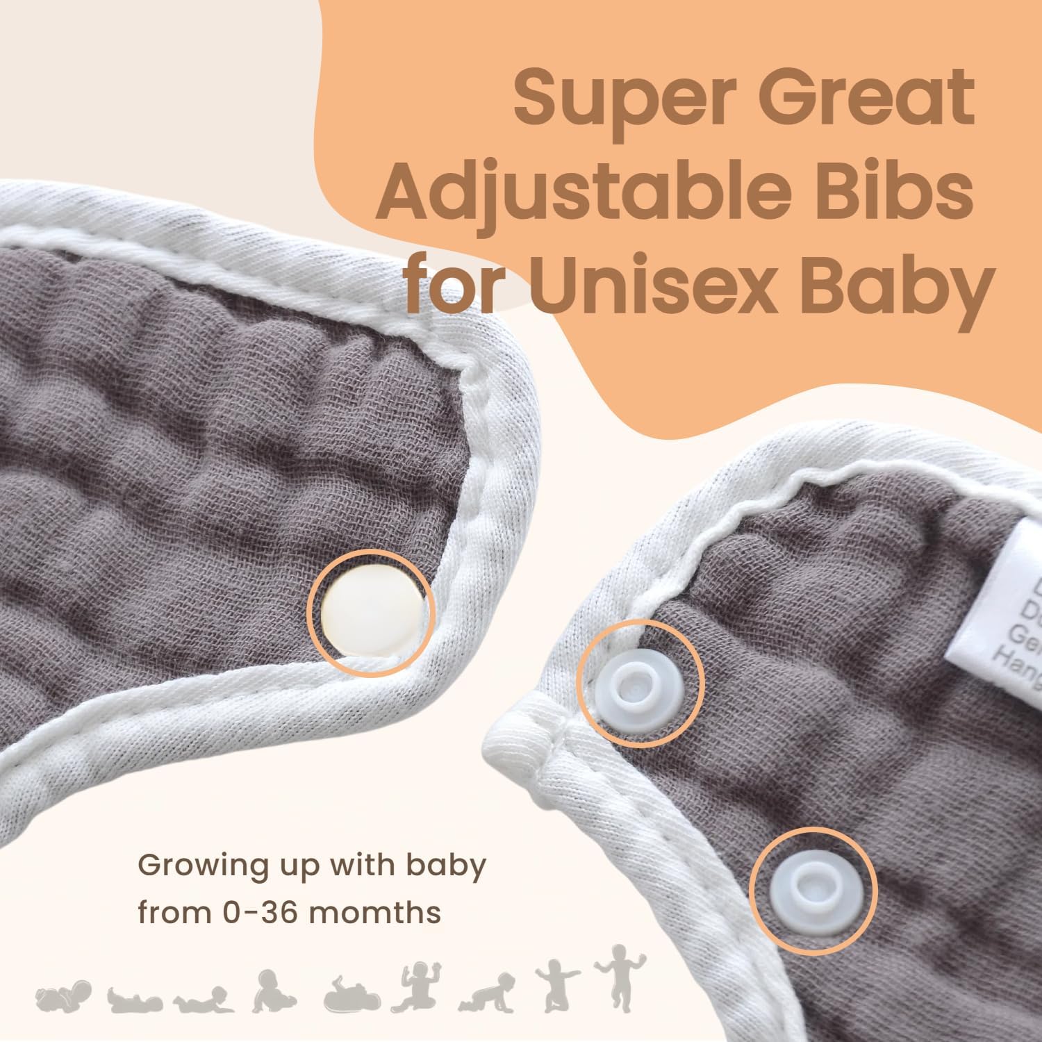 MUKIN Baby Drooling Towel, Snap Bibs, Muslin Bibs, 6 Pack, Adjustable, Soft Cotton