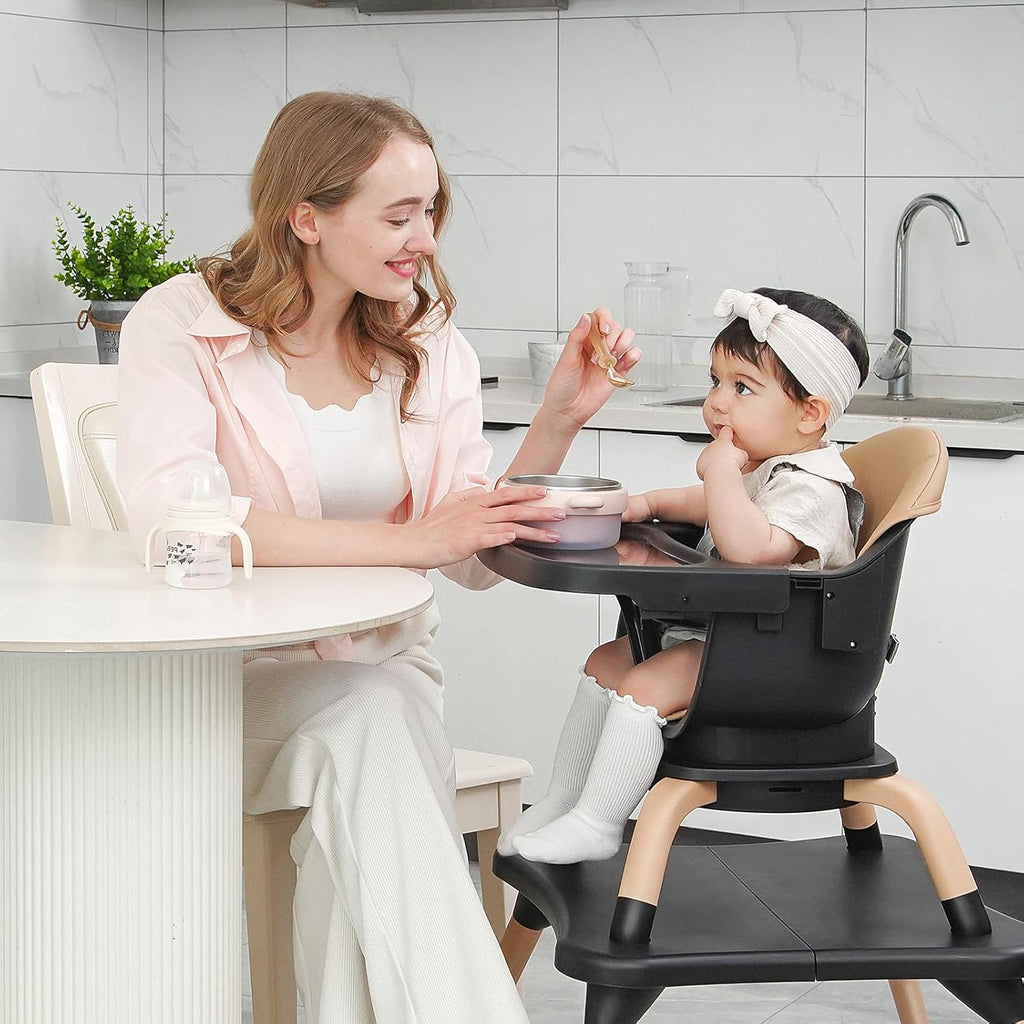 Baby High Chair, 7 in 1 Convertible High Chairs for Babies and Toddlers, Kids Learning Table, Building Block Table, Toddler Dining Chair with 360° Rotating Seat, 5-Point Safety Harness (Black)