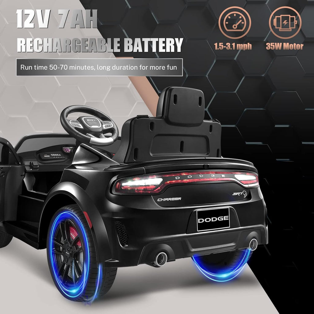 12V 7Ah Kids Electric Ride on Car, Licensed Dodge Charger SRT Hellcat, Battery Powered 4-Wheels Toy Car Electric Vehicle for Kids with Remote Control, 3 Speeds, LED Lights, Music (Black)