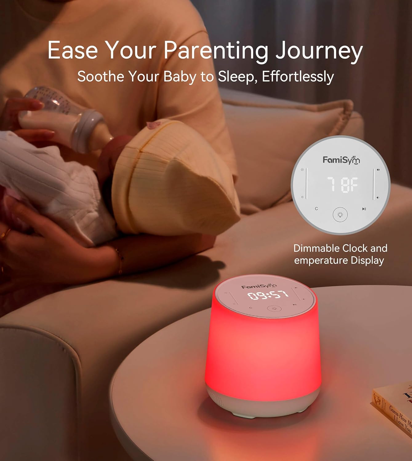 FamiSym White Noise Machine for Baby & Kids, Nursery Night Light & Alarm Clock, Dimmable Clock & Temperature Display, 34 Soothing Sounds, Toddler Sleep Trainer