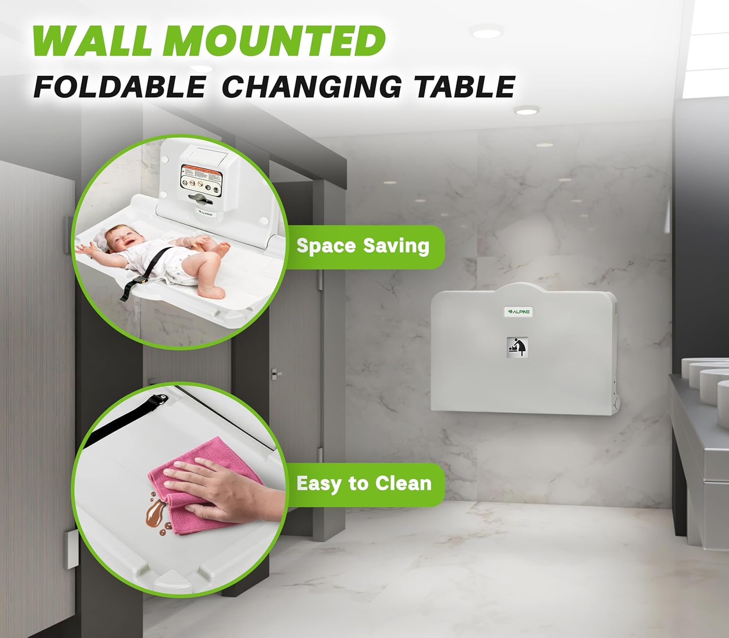 Alpine Wall Mounted Baby Changing Station - Horizontal Baby Changing Table Foldable Diaper Tables with Safety Strap for Commercial Bathroom, ADA Complaint (Hardware Included) White Gray