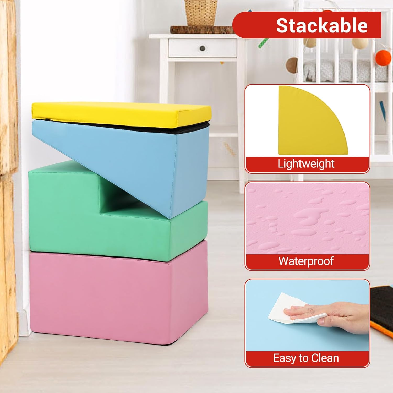 4-Piece Soft PU Leather Toddlers Climbing Toys, Baby Foam Climbing Blocks for Babies Toddlers, Waterproof Foam Play Gym Climber Structures for Toddler 3, Indoor Climb and Crawl Activity Play Set