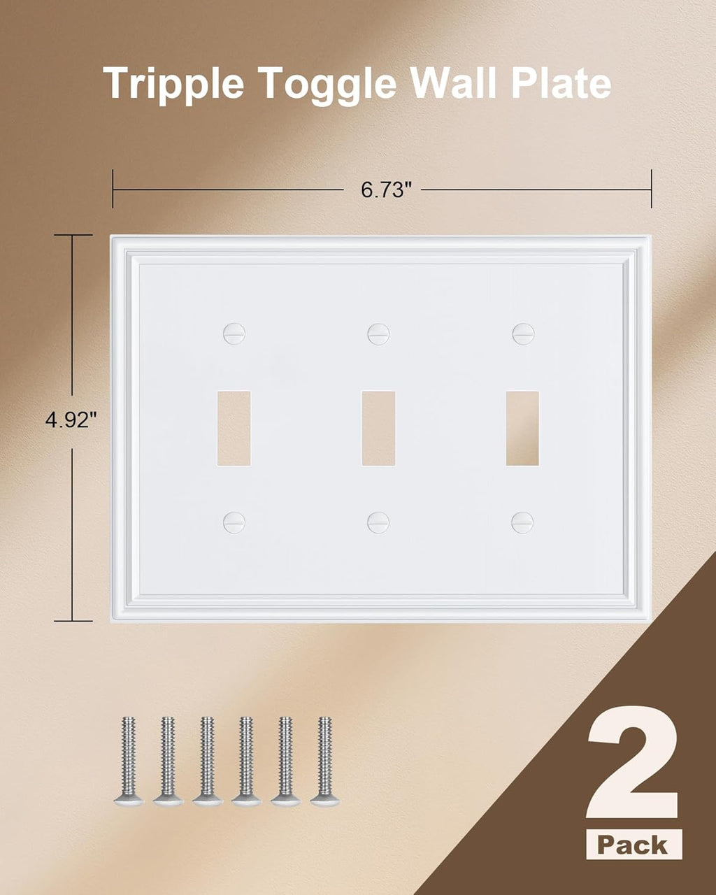 2-Pack Triple Toggle Light Switch Cover Plate, Durable Solid Zinc Alloy Decorative Switch Plate Covers, Pure White 3 Gang Wall Plate, Corrosion Resistant