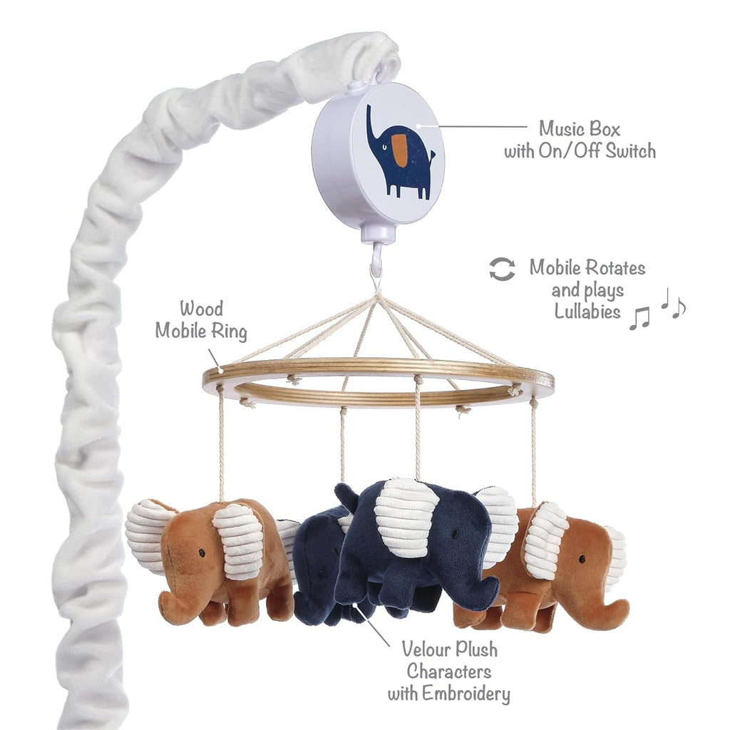 Lambs & Ivy Playful Elephant Blue/White Musical Baby Crib Mobile Soother Toy