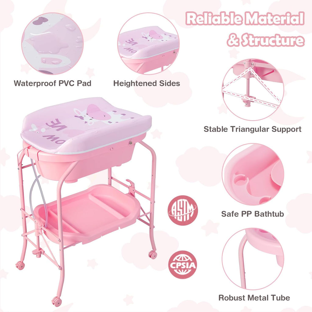 HONEY JOY Baby Changing Table with Bathtub, Foldable Infant Diaper Changing Station with Wheels, Storage Tray, Waterproof Pad, Portable Newborn Nursery Organizer Bath Stand for Boys Girls (Pink)
