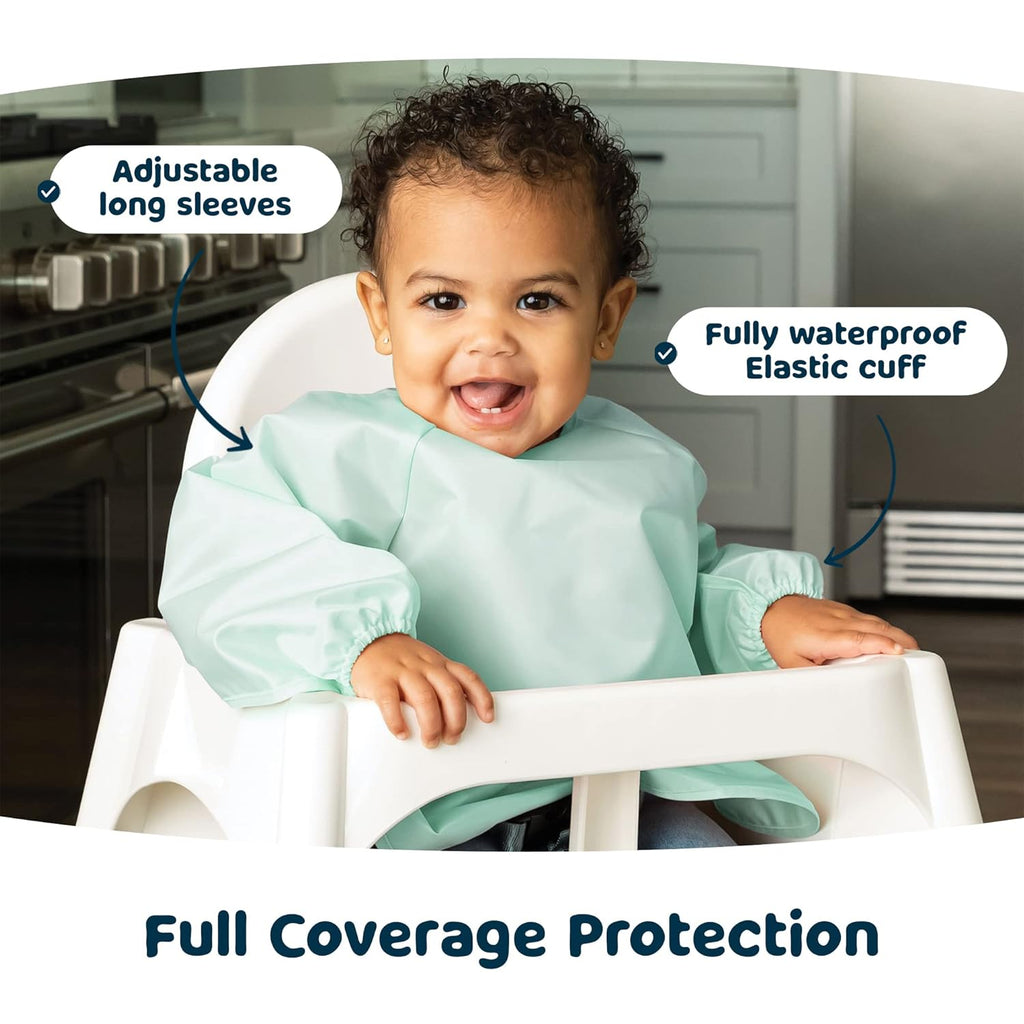 Tiny Twinkle Mess Proof Baby Bibs, 2pk Waterproof Smock Baby Bibs for Eating, Machine Washable Long Sleeve Bibs, Baby Led Weaning, Toddler Bibs, BLW Supplies (Sage Charcoal, Small 6-24 Months)