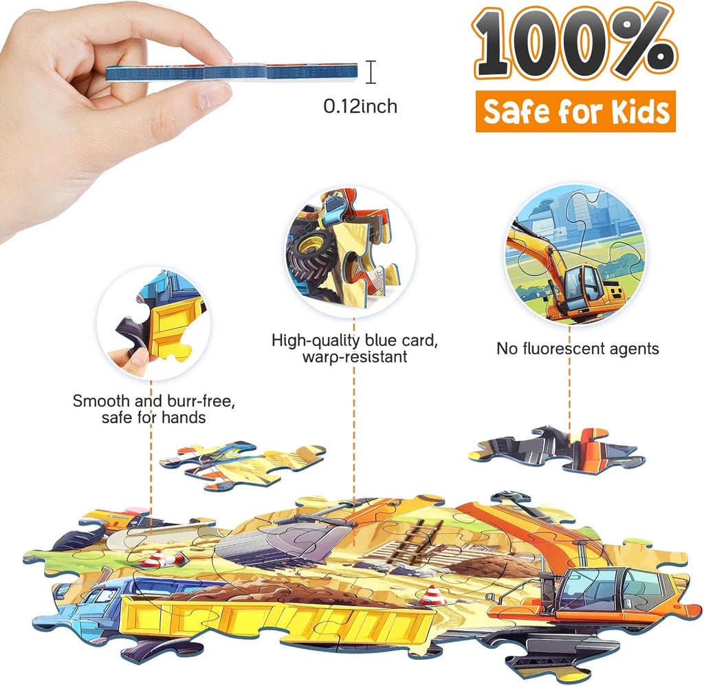 Floor Puzzles for Kids Ages 3 4 5 6 7 8, 70 Piece Construction Site Jigsaw Puzzle with Excavator Bulldozer Forklift Dumper Truck, Building Site Educational Toy Gift for Boys Birthday Christmas