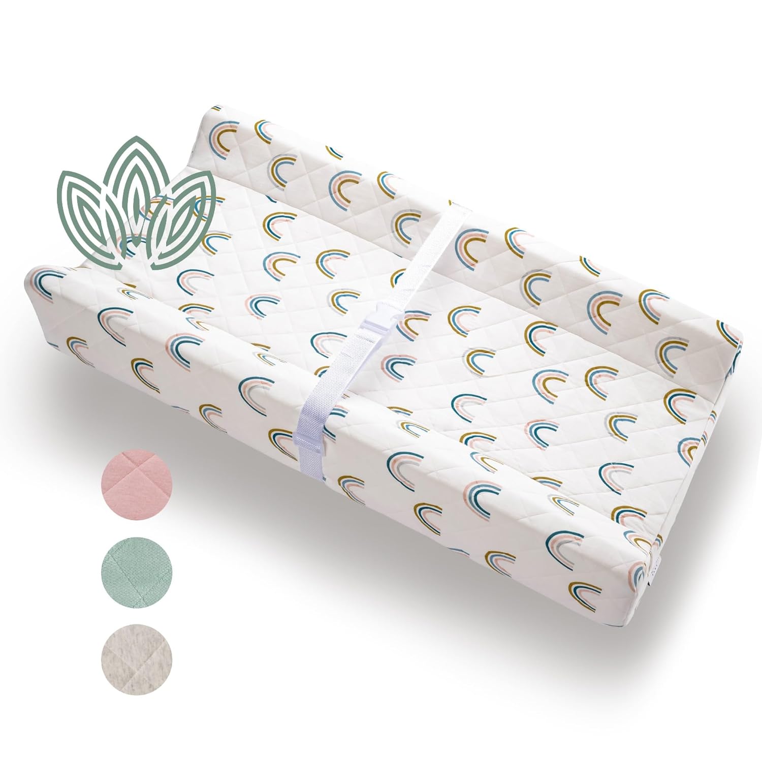 Organic Cotton Contoured Baby Changing Pad w/Waterproof Foam Mattress, Includes Soft, Removable & Washable Cover, Safety Strap, Non-Slip Bottom, Topper for Standard Size Infant Diaper Table & Dresser