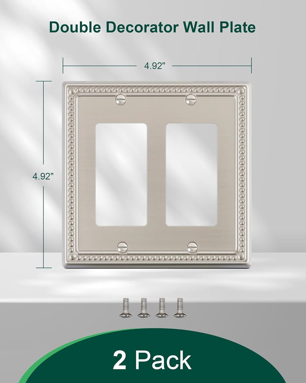 2-Pack Double Decorator Outlet Cover Plate, Pearls Decorative Switch Plates and Outlet Covers, 2 Gang Brushed Nickel Metal Wall Plates, Corrosion Resistant