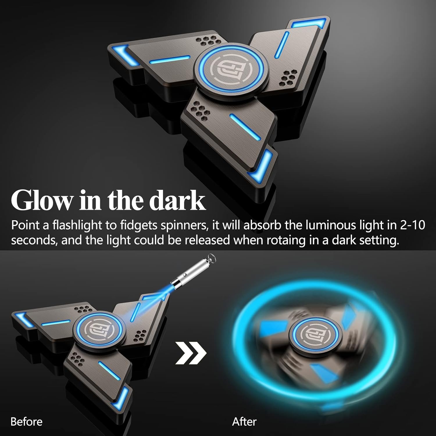 ATESSON Fidget Spinners Toy,3 to 5 min Spins,Gray Metal with Blue Luminous High Speed Bearing, Metal Material Hand Spinner,Stress Relief Anxiety Boredom Desk Toys for Adults and Kids