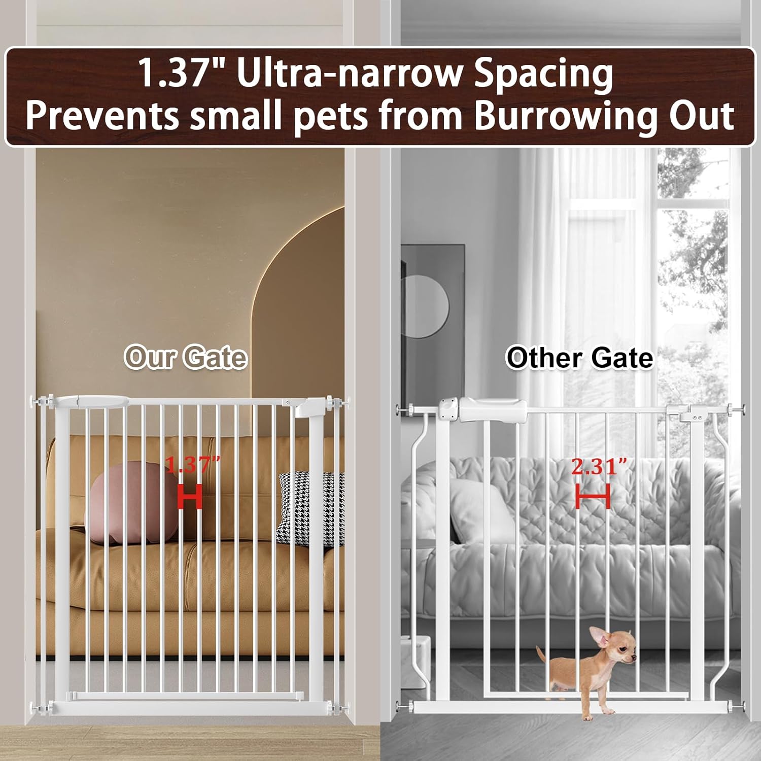 DEARBB Extra Wide Baby Gate Ultra Narrow Spacing 30.11-77.36" Pressure Mounted Double Lock Swing Auto Close Walk Through Metal Safety Pet Gate for Stairs and House Doorway Kitchen