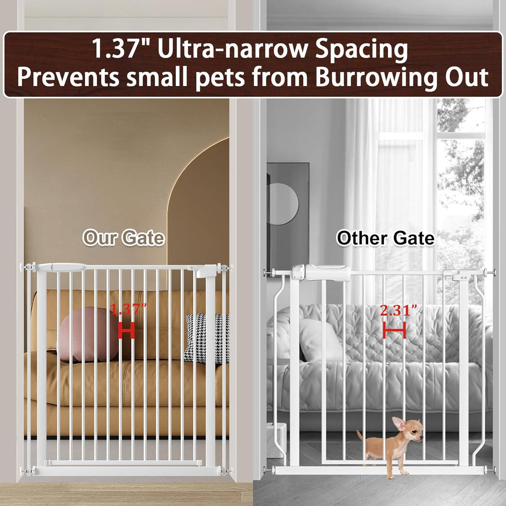 DEARBB Extra Wide Baby Gate Ultra Narrow Spacing 30.11-77.36" Pressure Mounted Double Lock Swing Auto Close Walk Through Metal Safety Pet Gate for Stairs and House Doorway Kitchen