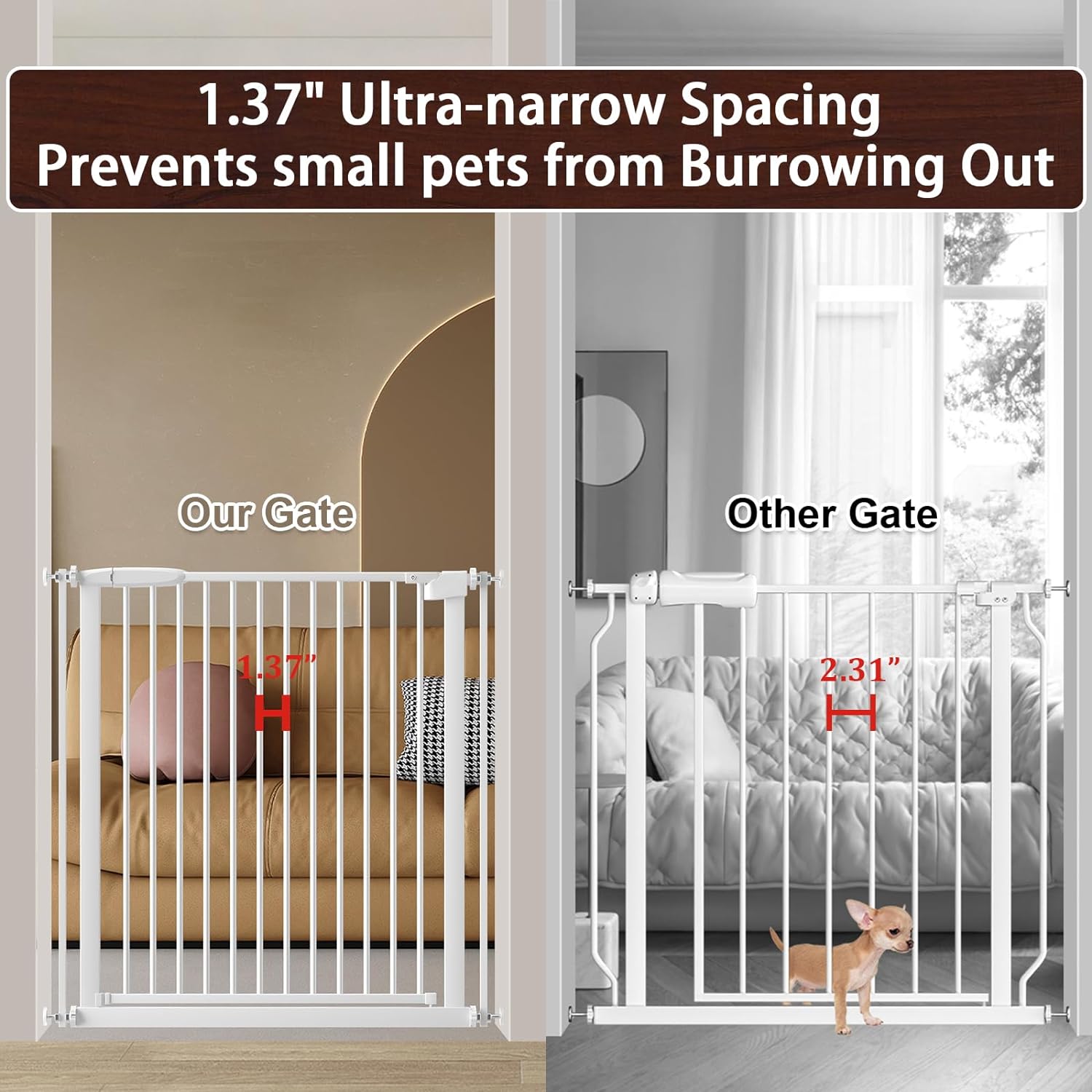 DEARBB Extra Wide Baby Gate Ultra Narrow Spacing 30.11-77.36" Pressure Mounted Double Lock Swing Auto Close Walk Through Metal Safety Pet Gate for Stairs and House Doorway Kitchen