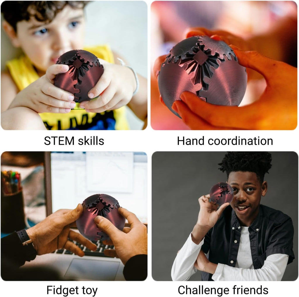 3D Printed Gear Ball, Gear Sphere Fidget Toy Stress Relif Toy for ADHD, Anxiety Relaxing Toy for Adults at Work/Study/Travel, Red-Black