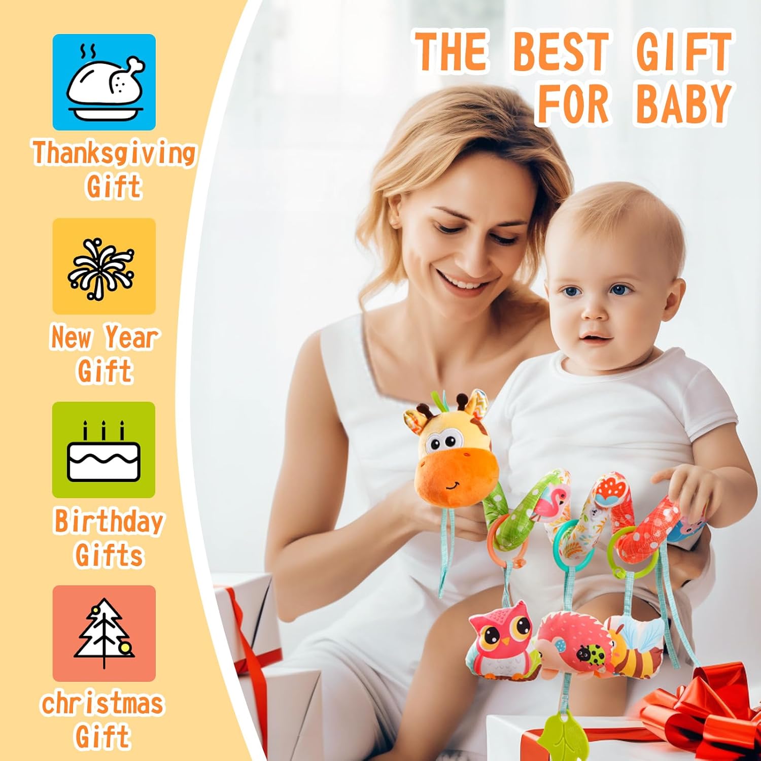 Jollybaby Crib Stroller Car Seat Toys for Baby 0-3-6-9-12 Months, Tummy Time Hanging Sensory Toys for Newborn with Music Box and Teether, Spiral Carseat Toy for Infant Boys Girls Gifts (Yellow)