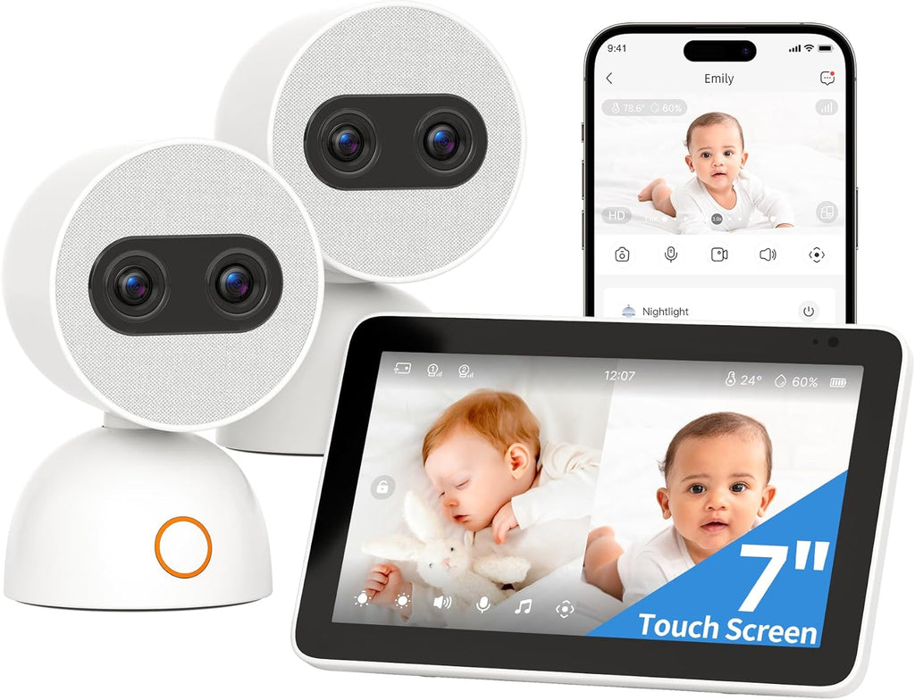 Simsky Split Screen Video Baby Monitor with 2 Cameras, 2× 4MP Resolution, 7" HD Touch Screen Smart Audio Baby Monitor, 6X Optical Quality Zoom, App Remote Access, 5200mAh Battery, 32GB Local Storage