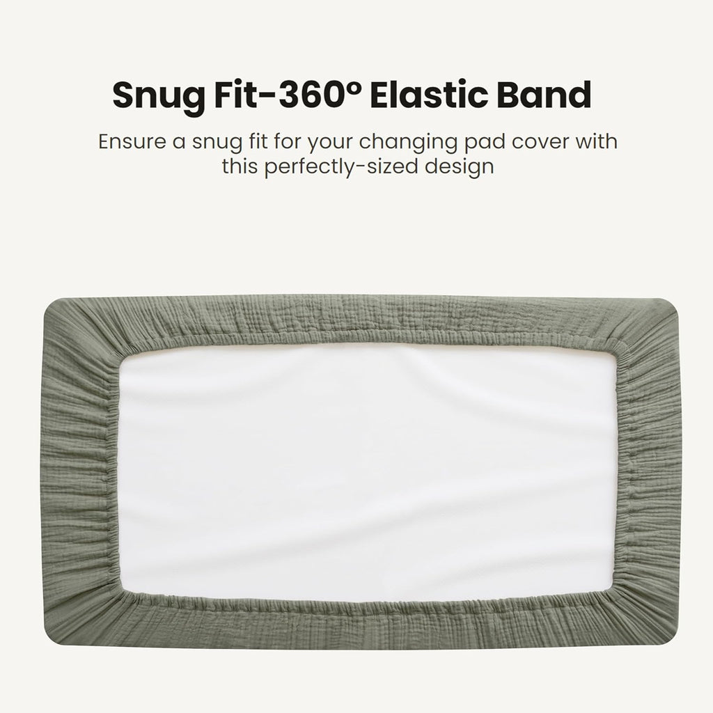 Konssy Waterproof Muslin Changing Pad Cover 2 Pack, Quilted Cotton Fitted Diaper Chang Table Cover, Soft Changing Pad Sheets for Girls Boys (Fog Green,Cream)