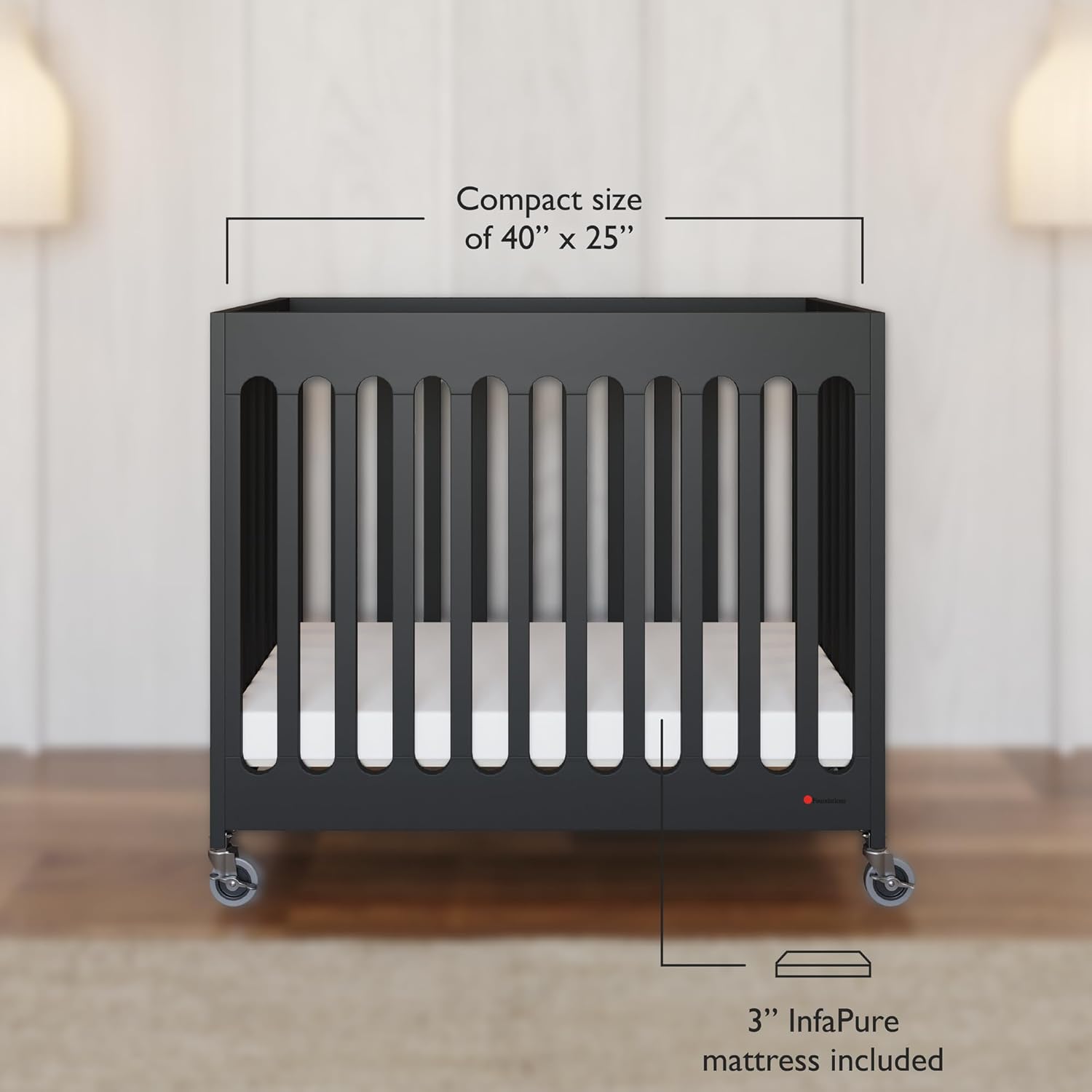 Foundations Boutique Folding Mini Baby Crib - Compact, Portable, Wooden Hotel Crib, Foldable Compact Cribs for Baby & Toddlers - Includes 3" Foam Mattress - Ebony