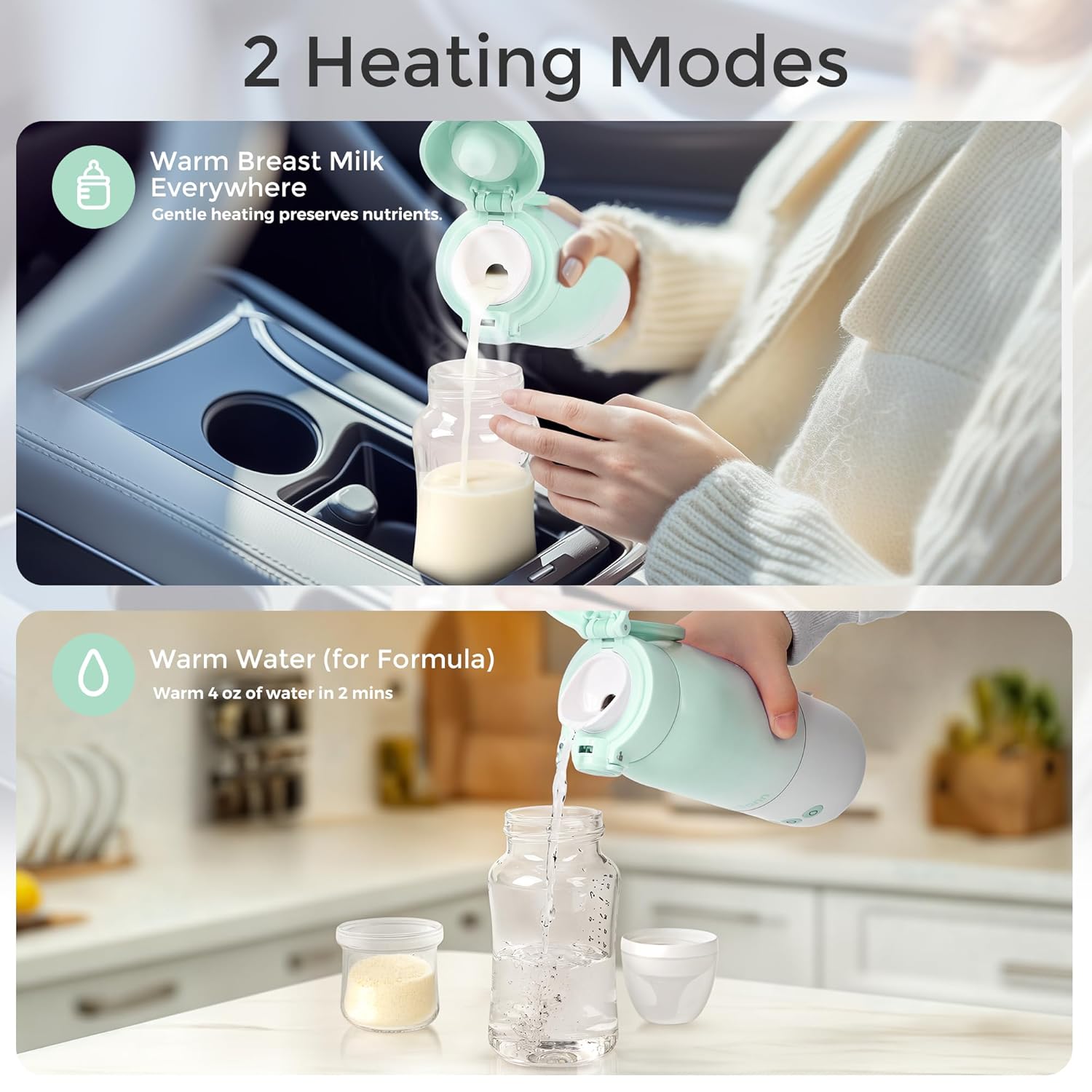 Portable Bottle Warmer for Travel, Dual Heating Modes for Breastmilk & Water, Portable Bottle Milk Warmer with Fast Heating & Long Battery Life, 10 Ounces Large Capacity (Green)