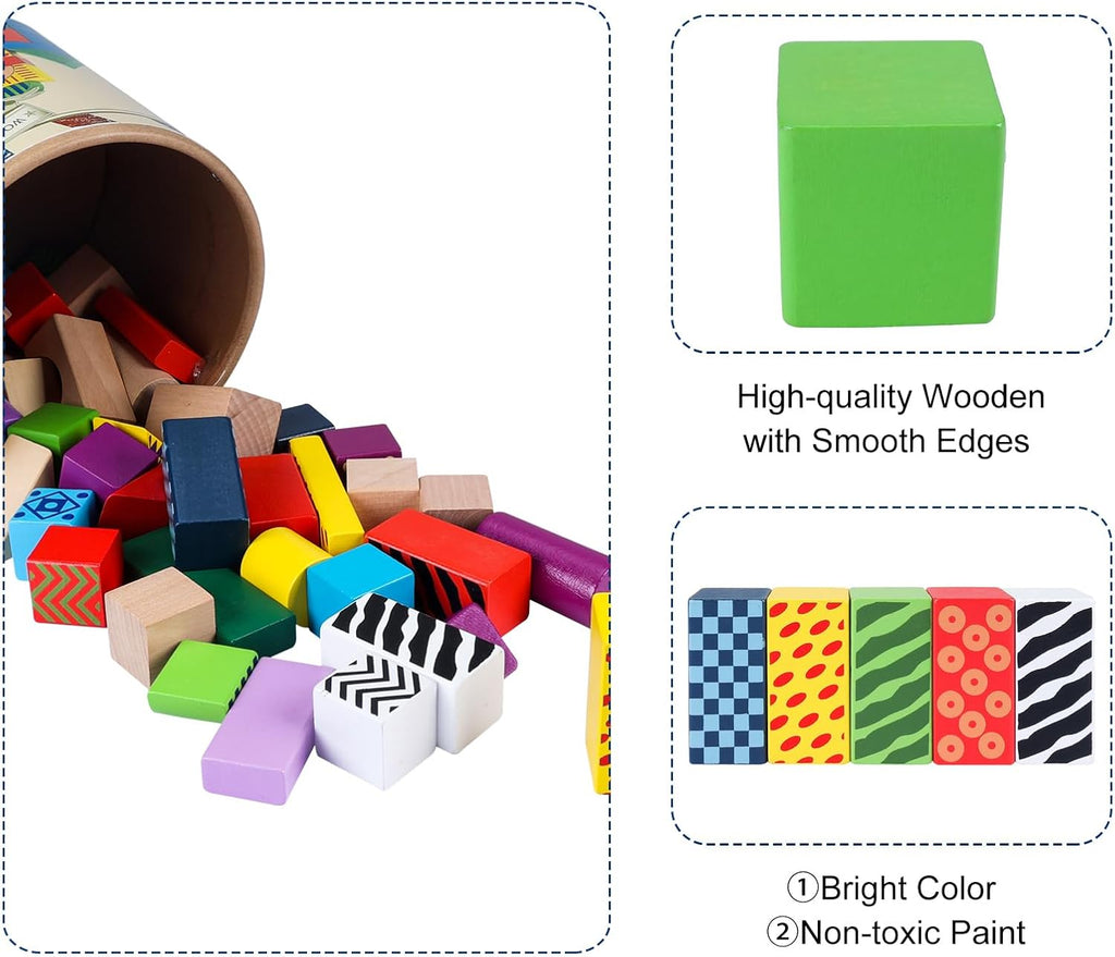 Wooden Building Blocks for Toddlers 1-3, Montessori Shape Sorting & Stacking Toys, 50 Pcs Colored Wooden Blocks Set with Storage Bucket, Kids Building Toys, Stacking Blocks for Boys Girls