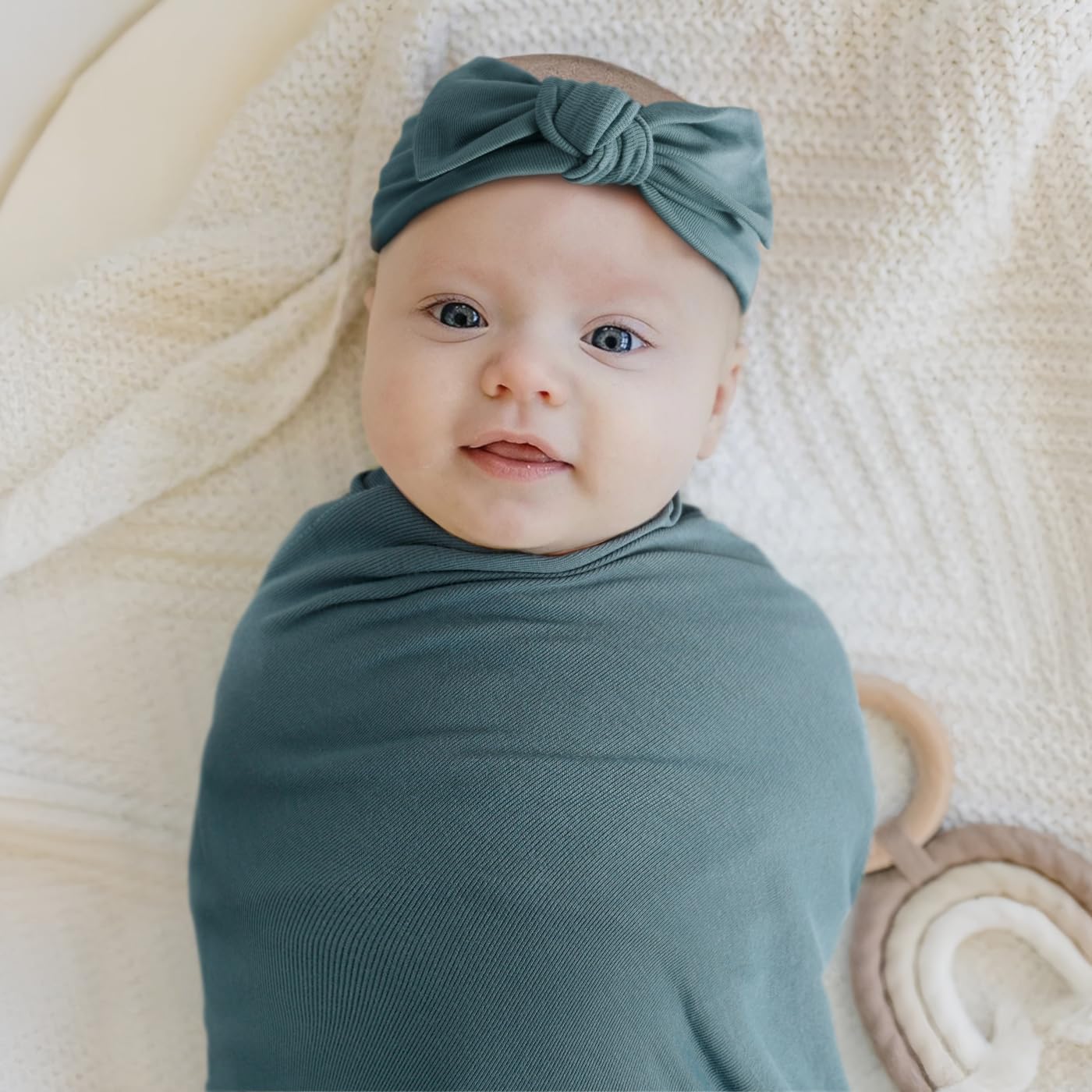 GRSSDER Newborn Swaddle Blanket, Ultra Soft Jersey Receiving Blanket with Matching Headband and Beanie Set, 47×47" Extra Large Nursery Swaddle Wrap for Girls and Boys