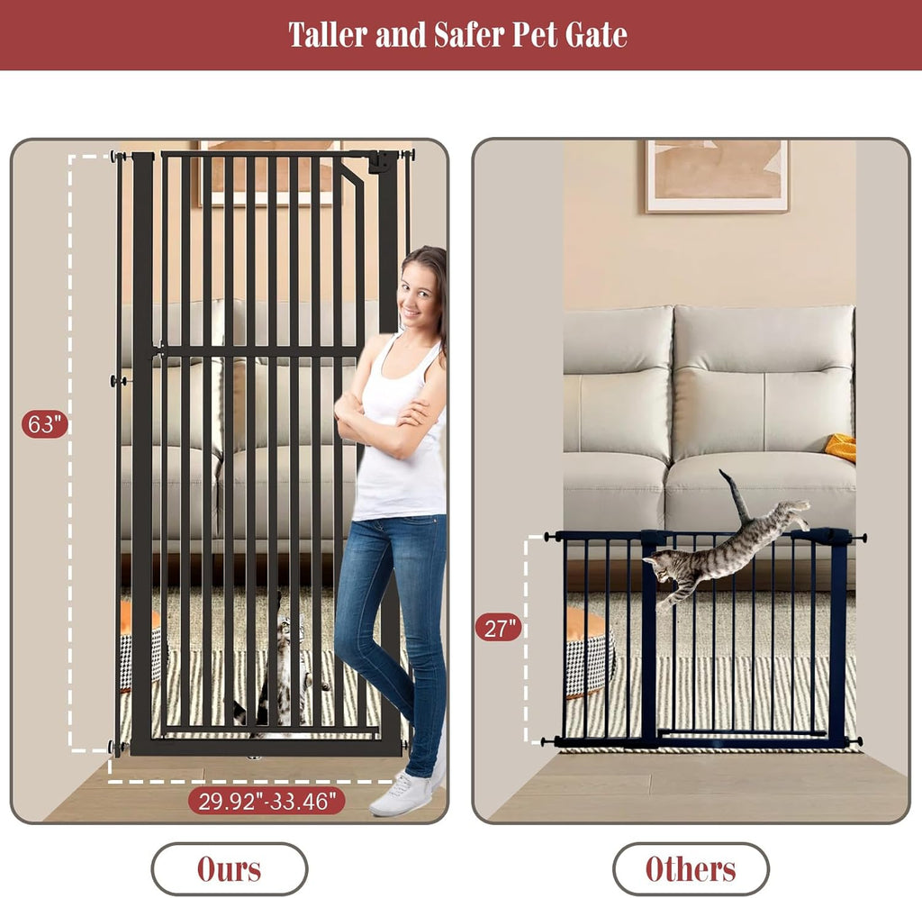 Glaf Extra Tall Pet Gate 63" Pressure Mounted Cat Door Safety Metal Cat Gate Adjustable Width Dog Door Auto-Close Dog Gates for Doorways, Stairs, Kitchen, Hallway (Black, 29.92-33.46")