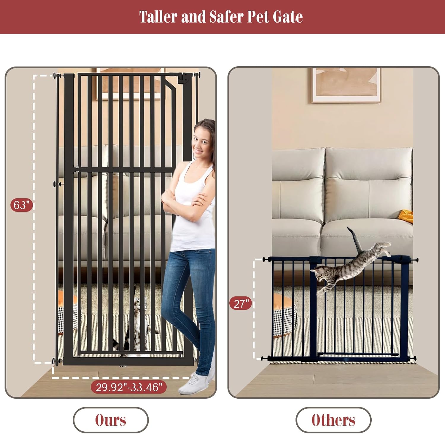 Glaf Extra Tall Pet Gate 63" Pressure Mounted Cat Door Safety Metal Cat Gate Adjustable Width Dog Door Auto-Close Dog Gates for Doorways, Stairs, Kitchen, Hallway (Black, 29.92-33.46")