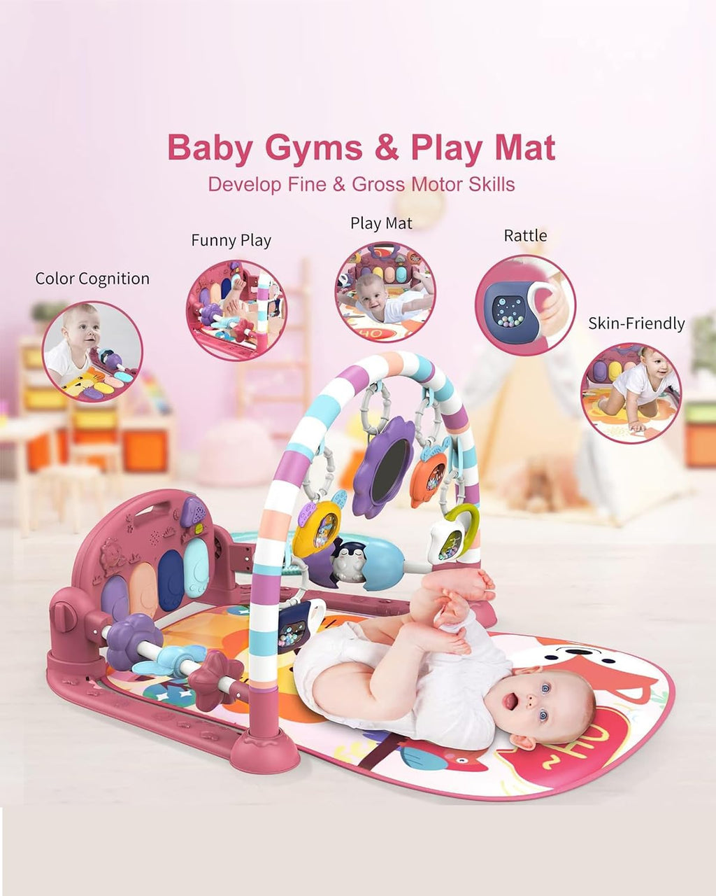dearlomum Baby Play Mat Gym,Funny Play Piano Tummy Time Baby Activity Mat with 5 Infant Sensory Toys & 4 Wrist Rattle Socks, Boy & Girl Gifts for Newborn 0 to 3 6 9 12 Months(Pink)