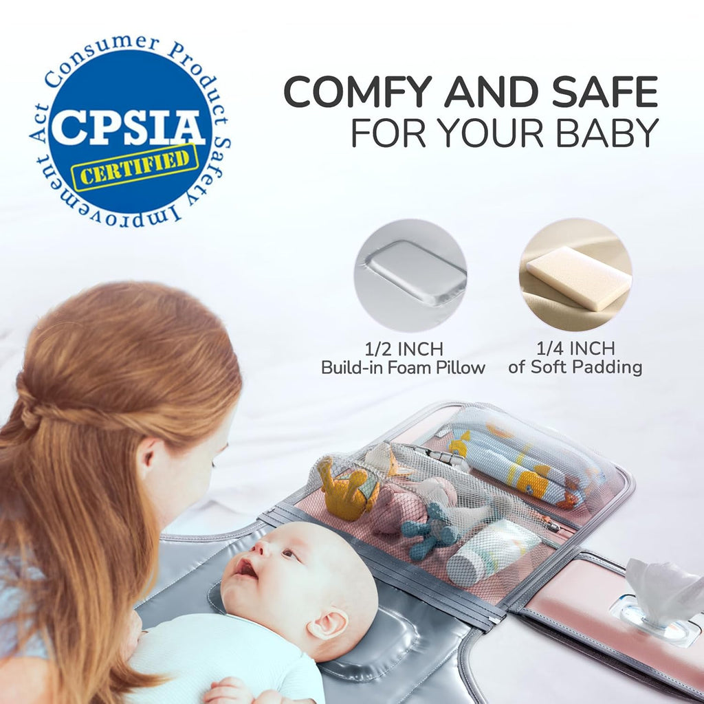 Portable Diaper Changing Pad with Shoulder Strap, Detachable Travel Changing Pad with Baby Wipes Pocket, Gifts for Baby Shower, Newborn Girls and Boys (Pink)