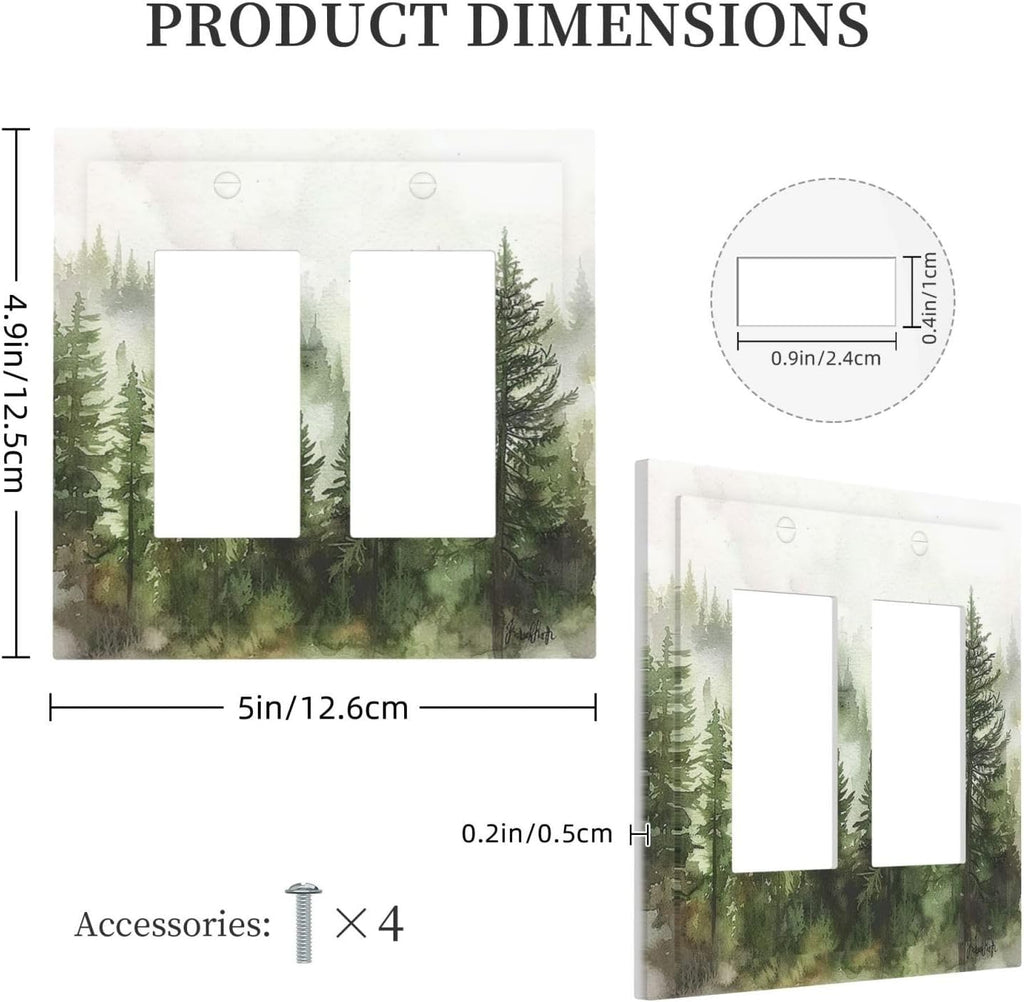 Decorative Outlet Covers Green Forest Watercolor Painting Foggy Pine 2 Gang Double GFCI Rocker Electrical Wall Panels Light Switch Cover Plate for Bedroom living Room Decor