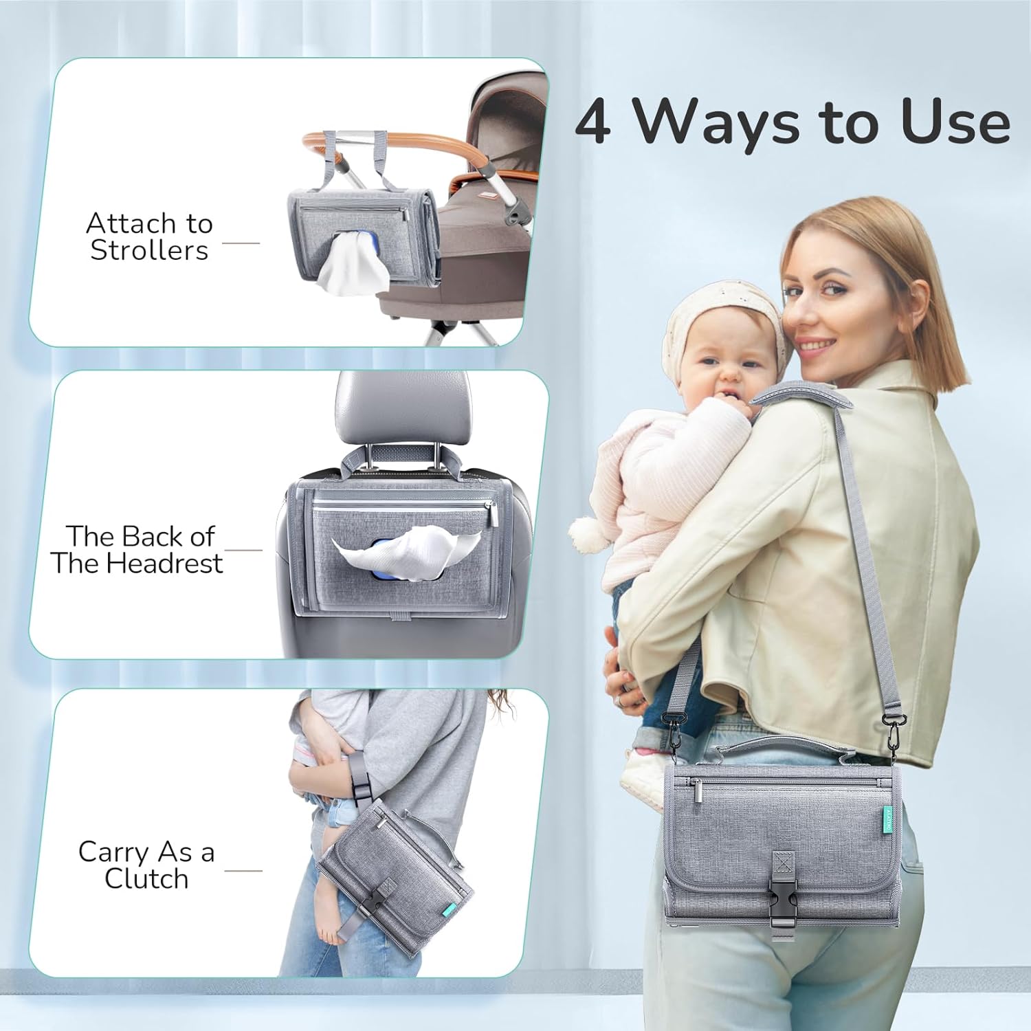 Portable Diaper Changing Pad with Shoulder Strap, Detachable Travel Changing Pad with Baby Wipes Pocket, Gifts for Baby Shower, Newborn Girls and Boys (Austere Grey)