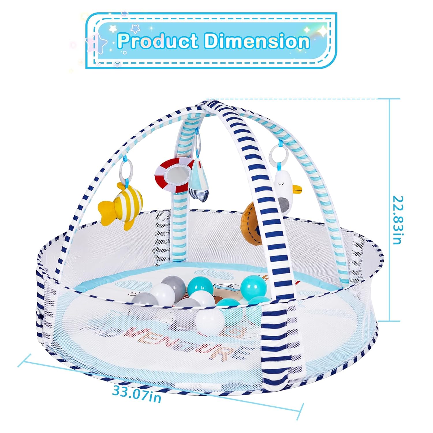 Baby Play Mat, 4-in-1 Baby Play Gym Tummy Time Mat with Ball Pit and 5 Detachable Toys for Newborn to Develop Sensory Exploration and Motor Skill 0-6-12 Months