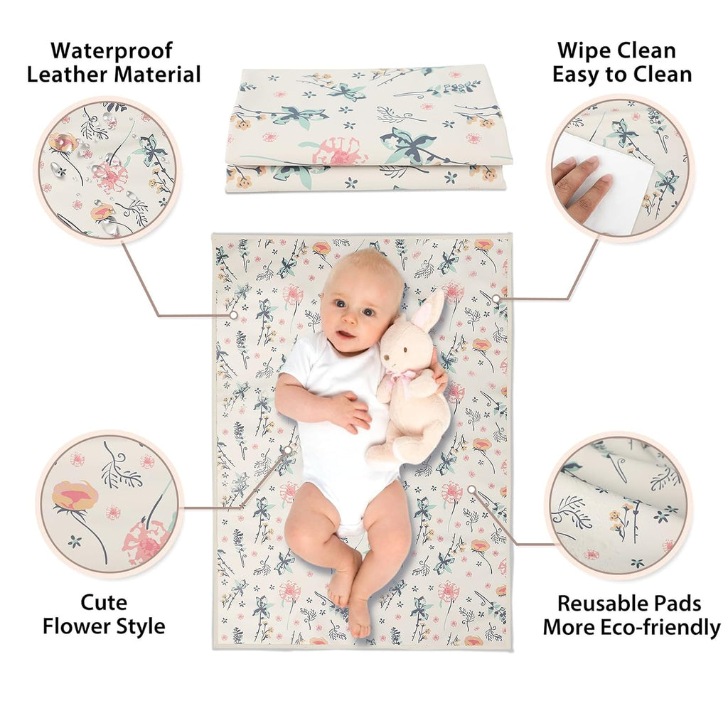 Vegan Leather Baby Changing Mat - Wipeable Portable Changing Pad, Foldable Travel Changing Mat for Baby, Newborns Toddlers Shower Gifts (Floral,20"*28")