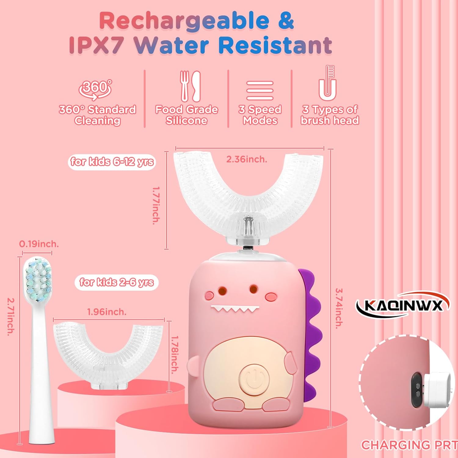 Kids U Shaped Electric Toothbrush for Age 2-12, Rechargeable Toddler Toothbrush with Smart Timer & 3 Clean Modes, Dinosaur Design, IPX7 Waterproof, 3 Brush Heads & 360°Cleaning