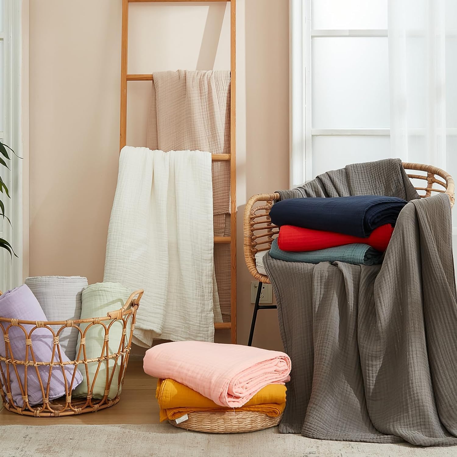 EMME Muslin Blanket 100% Cotton Throw Blankets for Couch Breathable Gauze Blanket All Season Soft and Lightweight Pre-Washed Cotton Blanket (Navy, 50"x70")