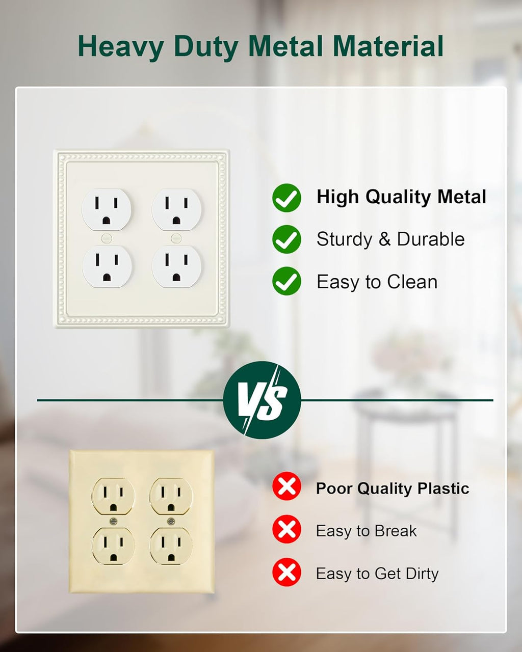 2-Pack Double Duplex Outlet Cover, Metal Switch Plates and Outlet Covers, Light Almond Pearls Decorative Wall Plates for Electrical Outlets, 2 Gang Receptacle Cover, Corrosion Resistant