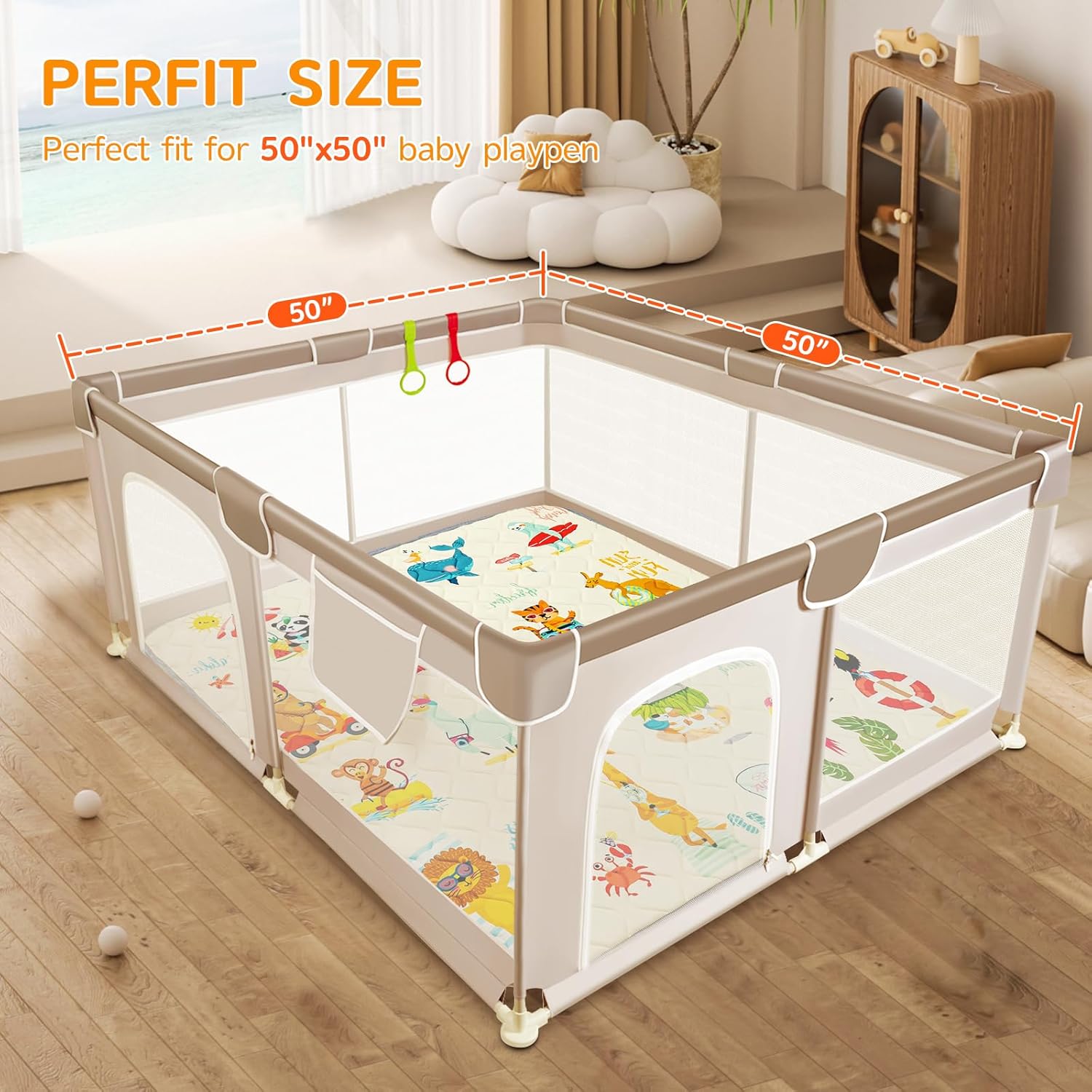 Baby Play Mat - Thicken 50x50 Inch Soft Foam Crawling Mat for Playpen & Floor, Non-Slip Waterproof Playmats for Infants & Toddlers, Portable Foldable & Machine Washable, Beach Animals